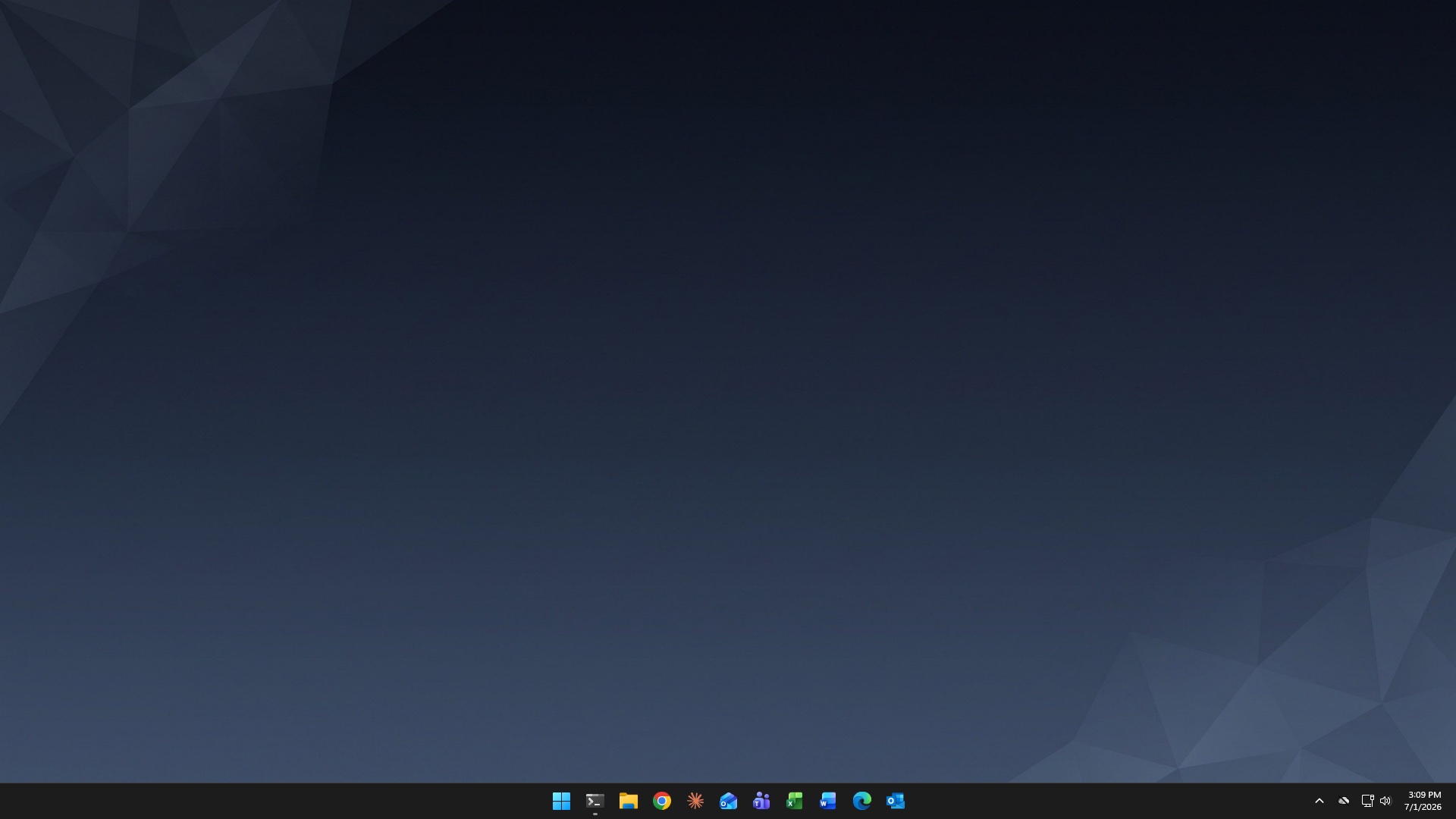 The same desktop after the run: dark theme, corporate navy wallpaper, centered taskbar with the search box and Task View removed