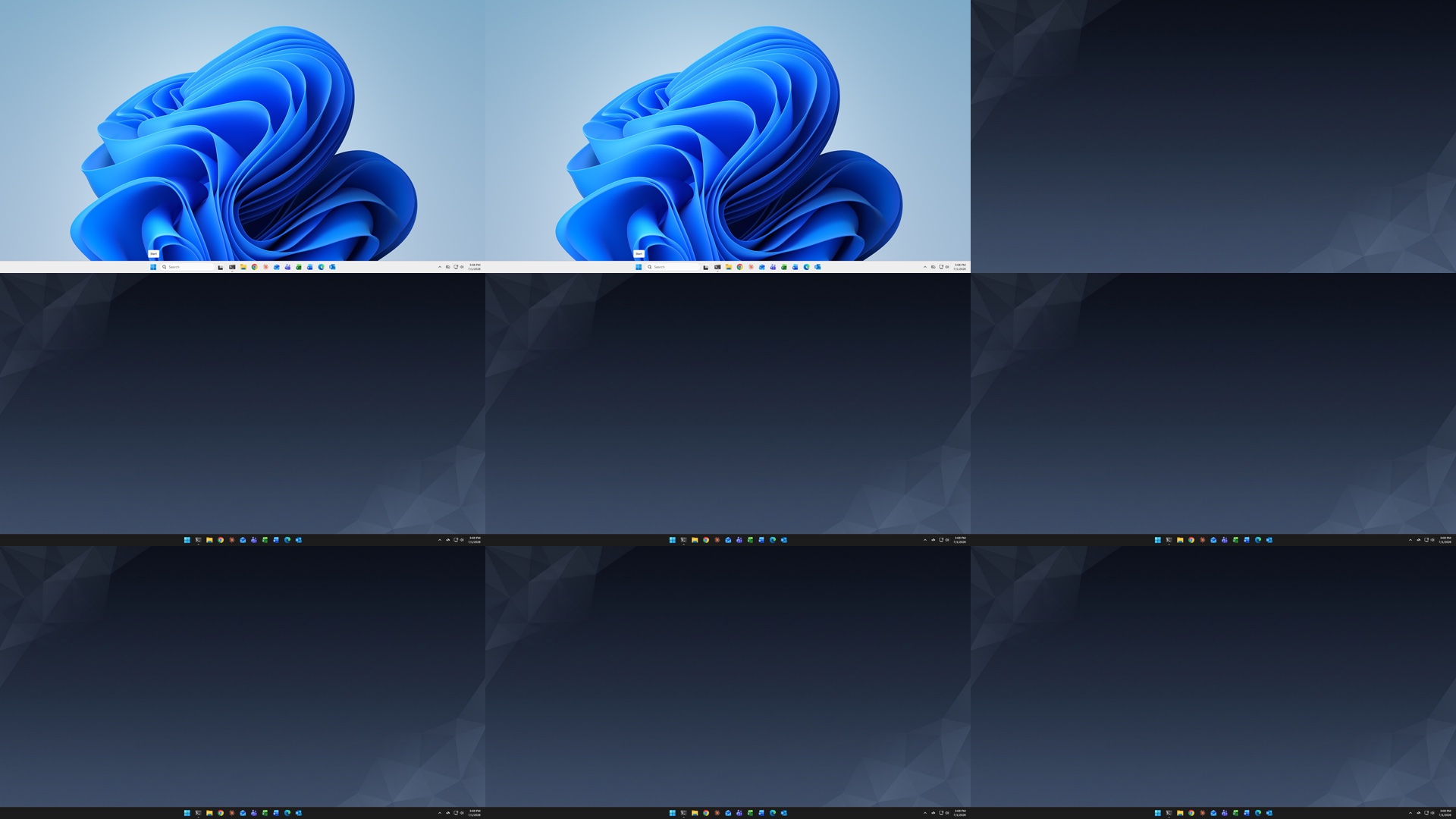 Contact sheet of nine sampled frames showing the desktop transitioning from the light stock look to the dark corporate standard