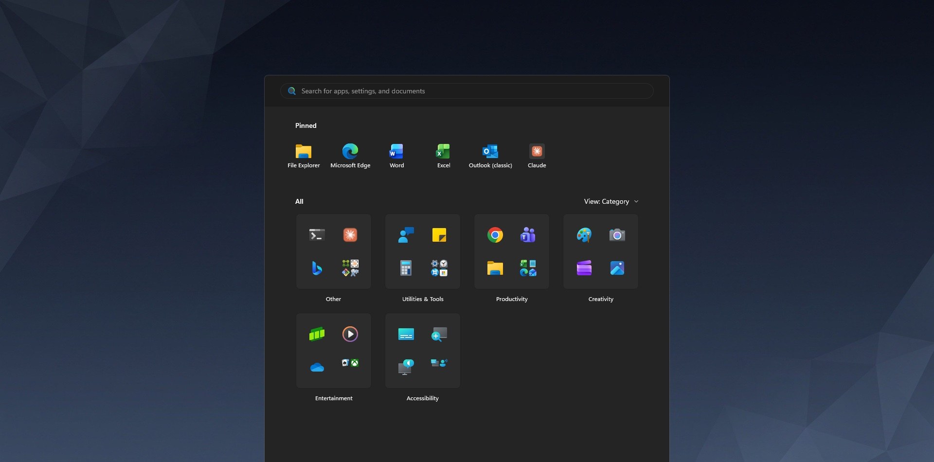 Corporate Start menu with exactly six pinned apps — File Explorer, Microsoft Edge, Word, Excel, Outlook, and Claude — and no Recommended section